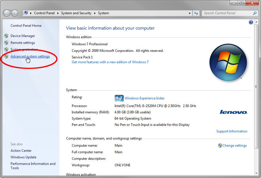 ADVANCED SYSTEM SETTINGS IN WINDOWS XP