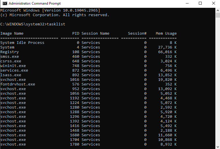 Windows command tasklist