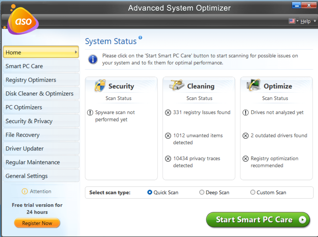 advanced system optimizer home screen