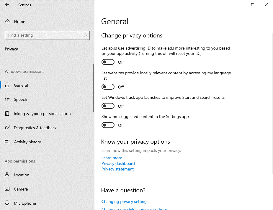 change privacy setting in windows