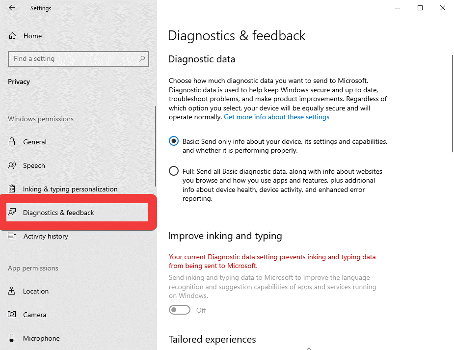 diagnostics & feedback in windows