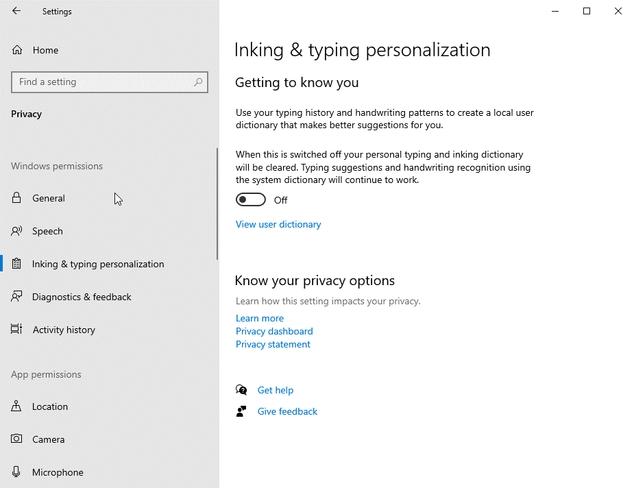 Ms settings display. Inking and typing Personalization что это.