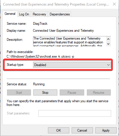 startup type disable in windows