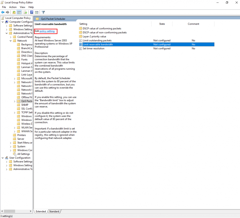 Policy setting screen