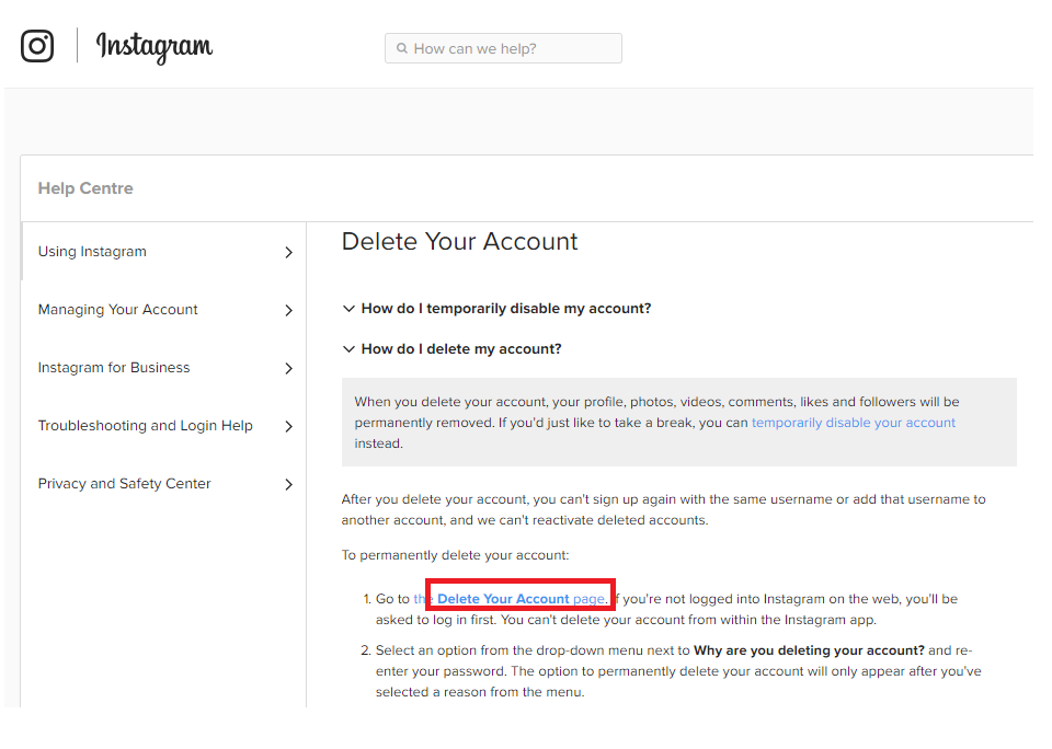 delete instagram account