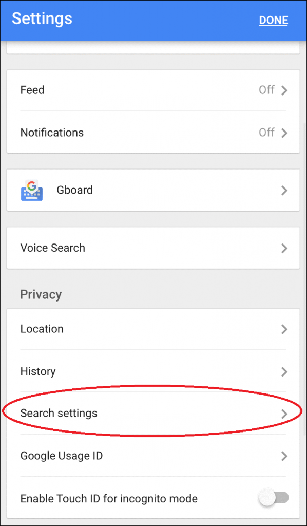 search settings in iphone