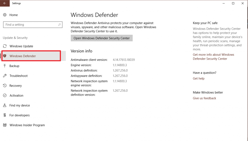 Check Windows Defender