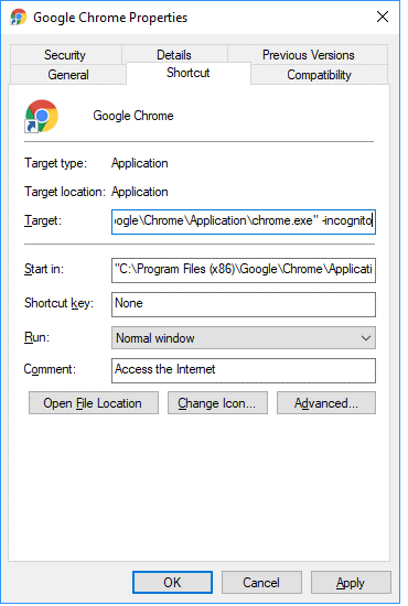 How To Automatically Start Browser in Incognito Mode for chrome -1