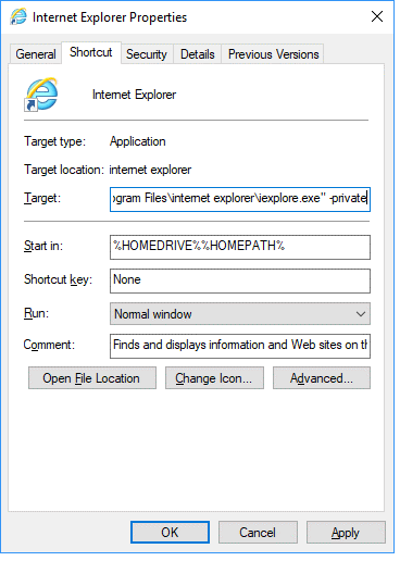 How To Automatically Start Browser in Incognito Mode for internet explorer-1