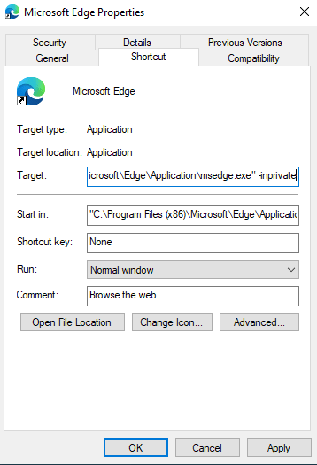 Edge inPrivate Tab shortcut