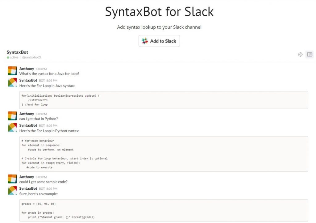 syntax bot for slack