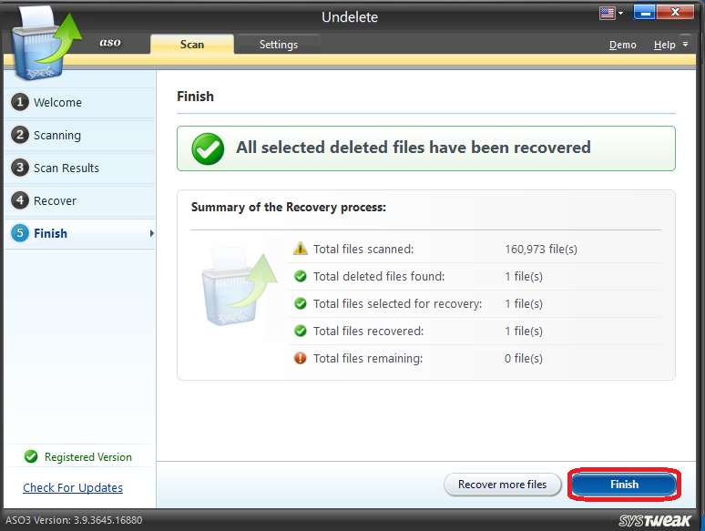 undelete finish
