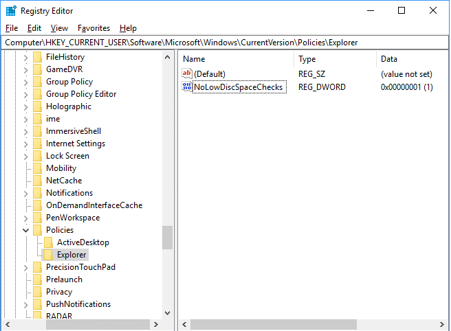 NoLowDiscSpaceChecks data value 