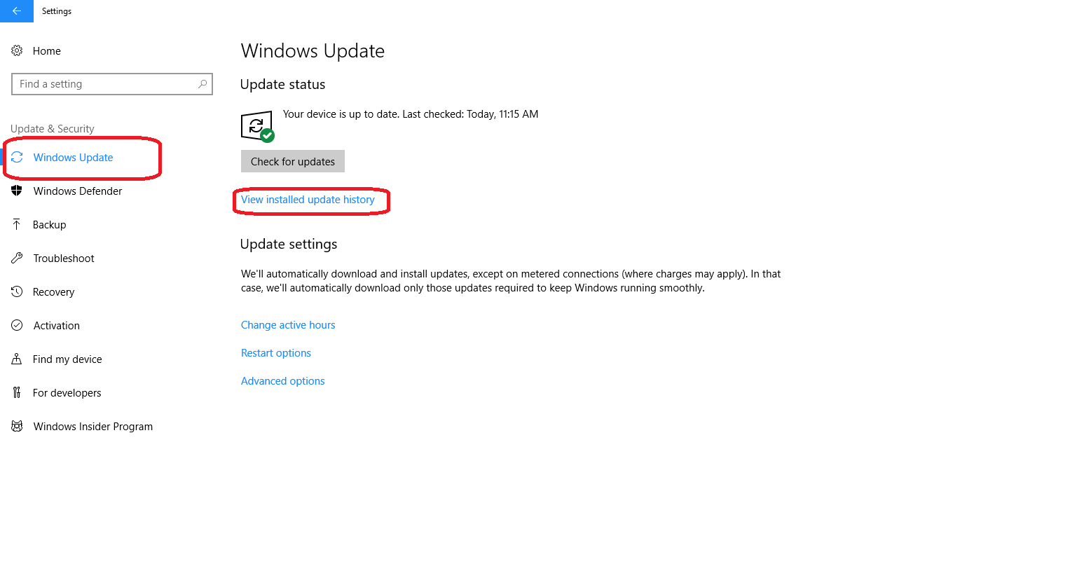 Windows Update tab