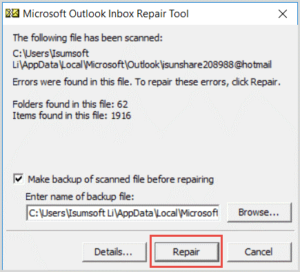 repair outlook inbox tool