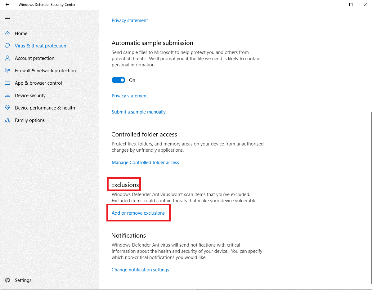  Add or remove exclusions link