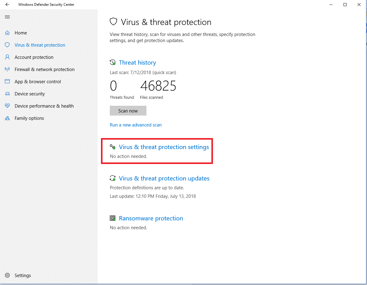  Virus & threat protection settings