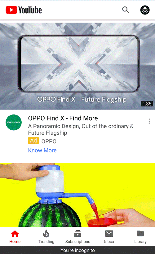 surf youtube in incognito