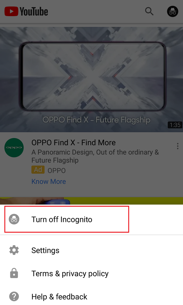turn off incognito youtube