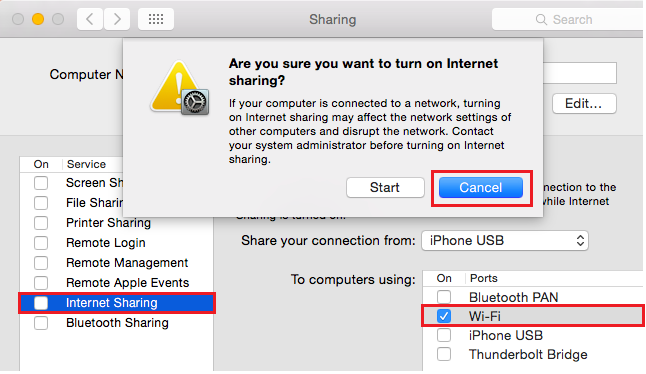 turn on internet sharing mac