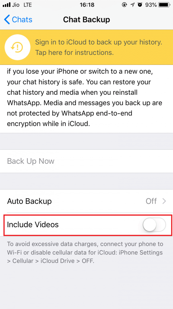 Turn off chat back up or exclude Media
