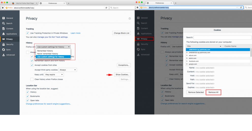 delete cookies on Firefox