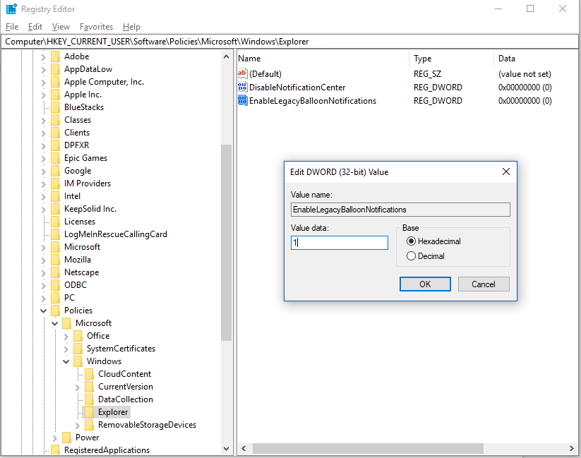 disable windows 10 ballon notification registry editor