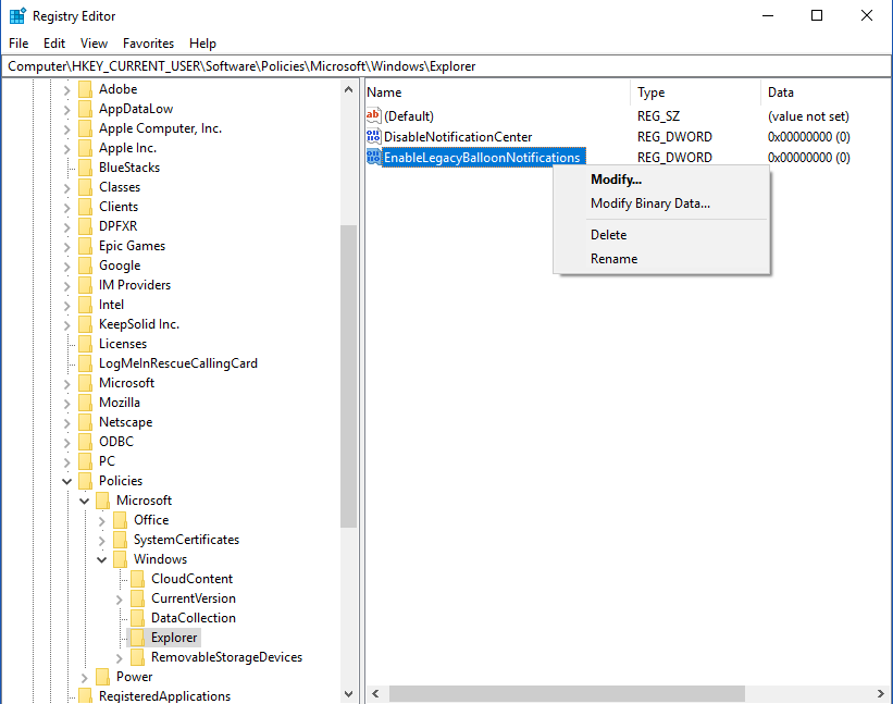 enable ballon notification registry editor