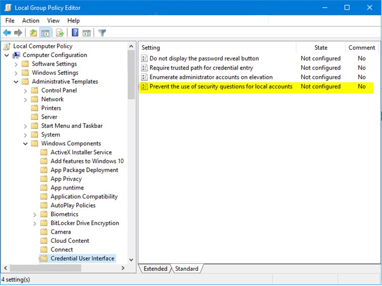 Prevent the use of security questions for local accounts