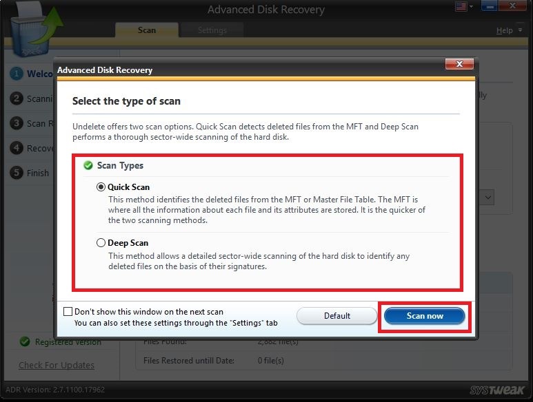 advanced disk recovery scan now option