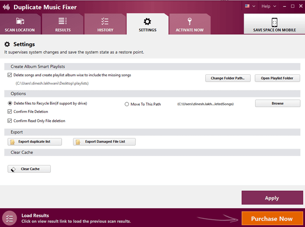Settings in duplicate music fixer