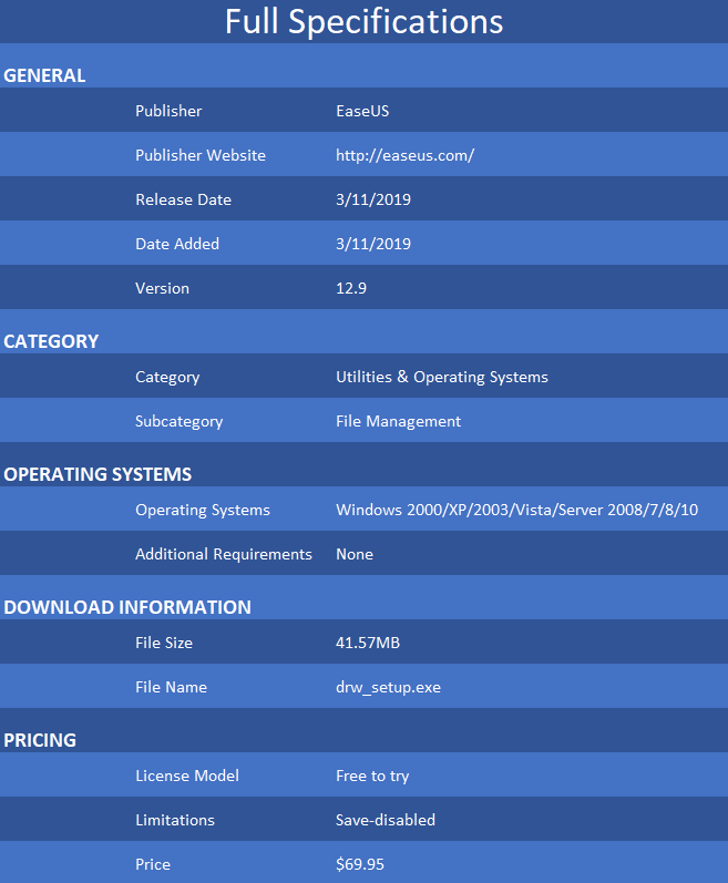 Specs- EaseUS Data Recover