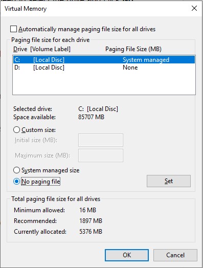 how to move and set Pagefile in Windows 10