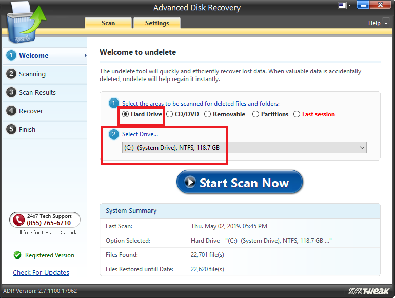 start scan in advanced disk recovery