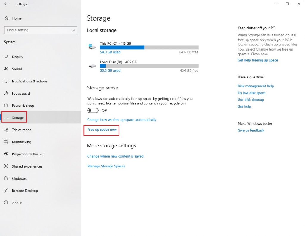 Disk Cleanup setting