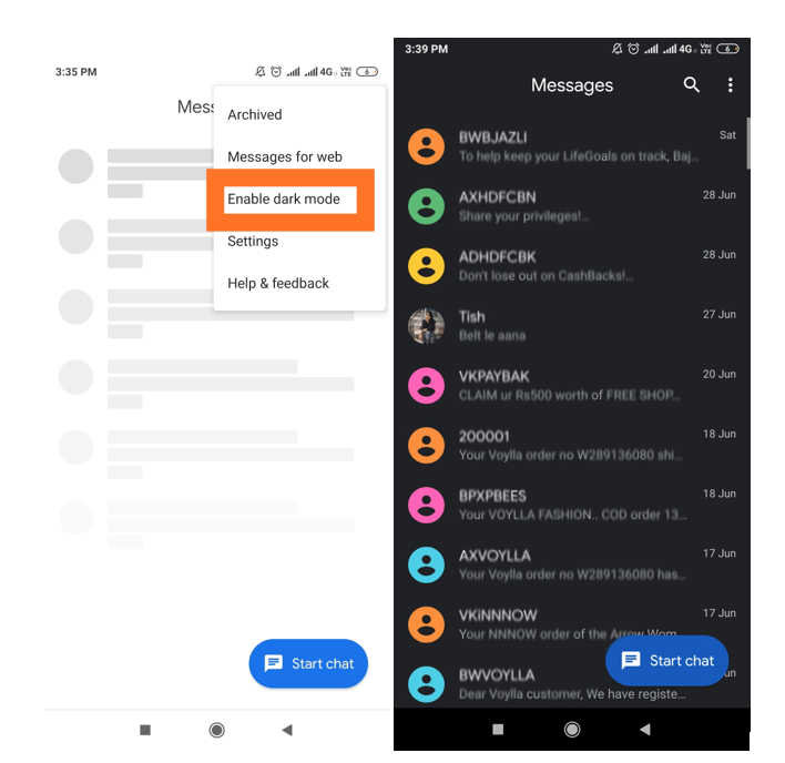 dark mode in google google massege