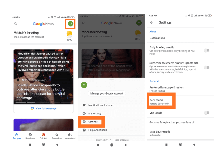 dark mode in google google news