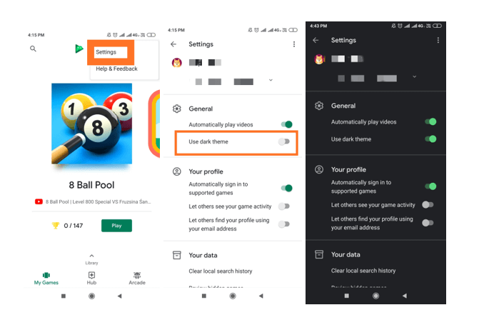 dark mode in google google play games