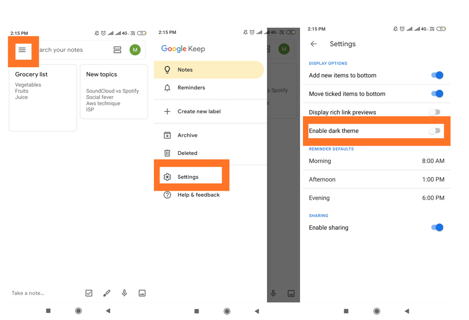 dark mode in google keep notes