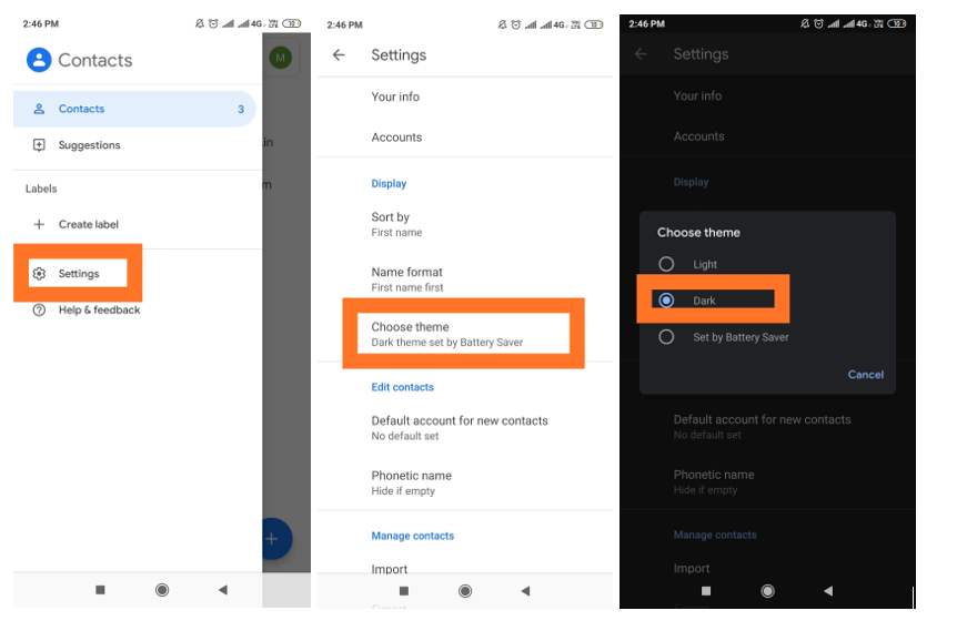 enable dark modes in contacts