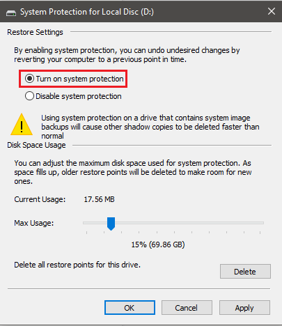 Turn on System protection