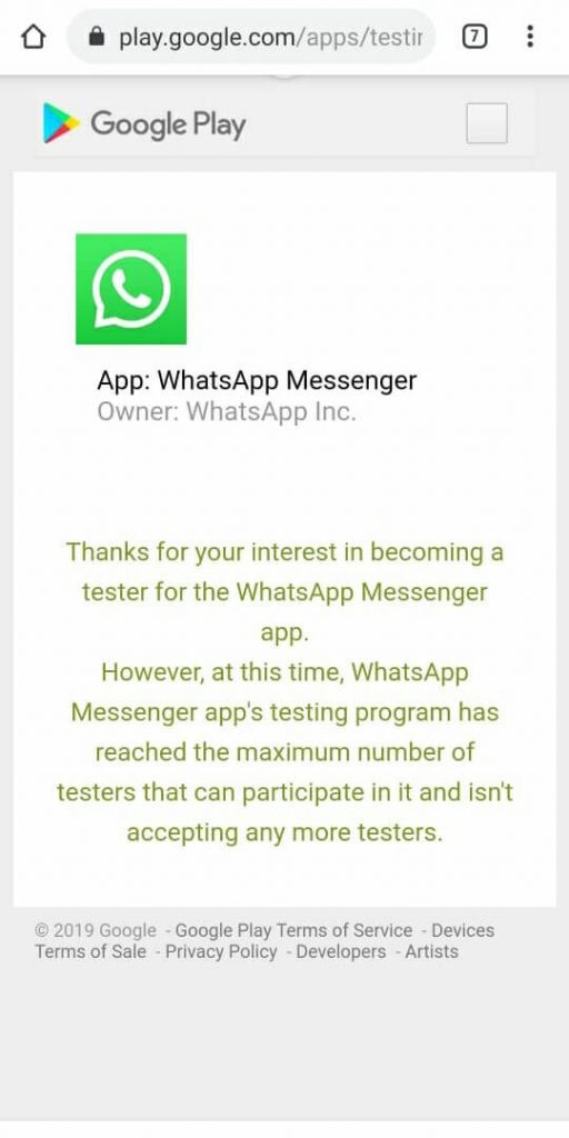 WhatsApp Beta Version tester Maximum limit