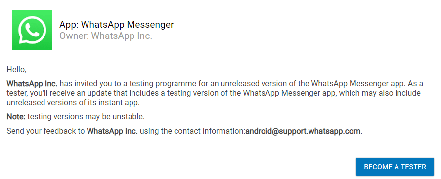 WhatsApp Messenger Become a tester