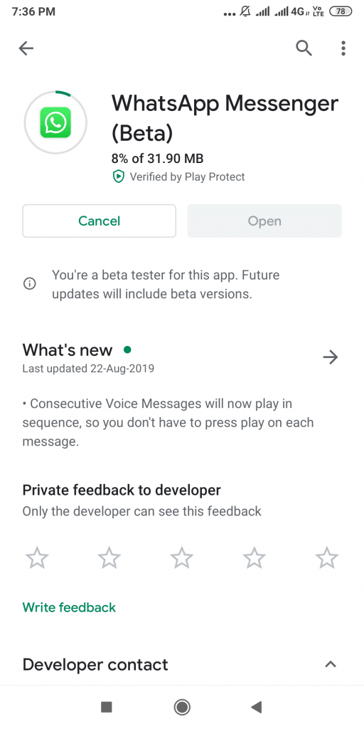 WhatsApp Messenger Beta update