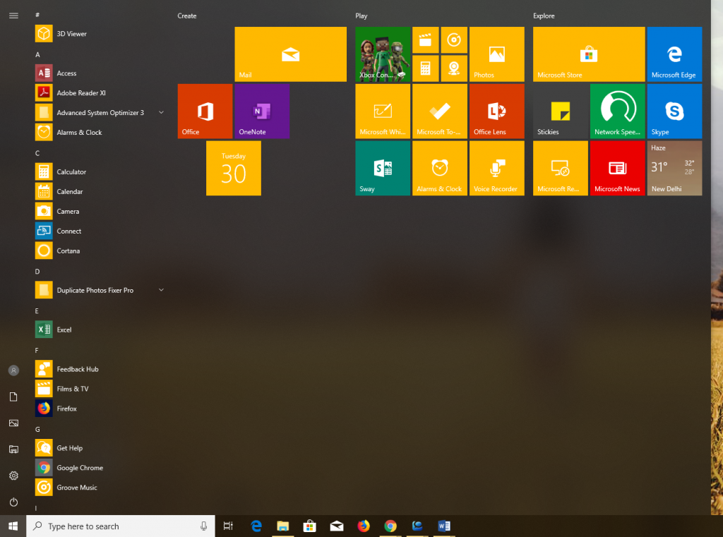 Windows 10 start menu