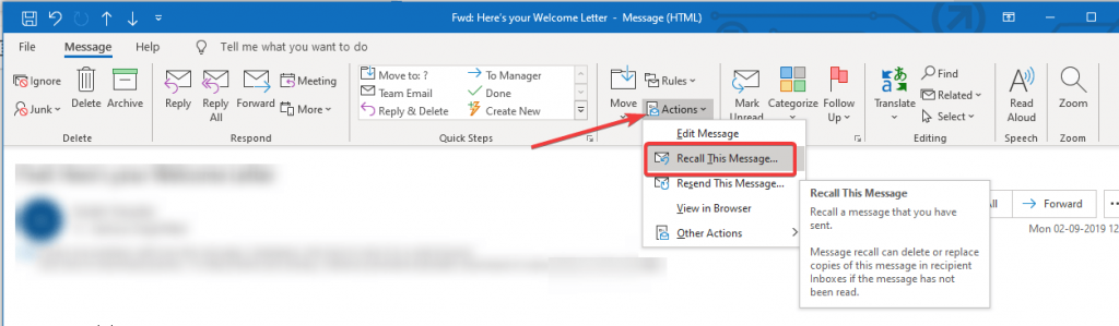 how do you recall an email in outlook