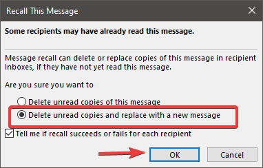 Recall email Outlook 2 replace message