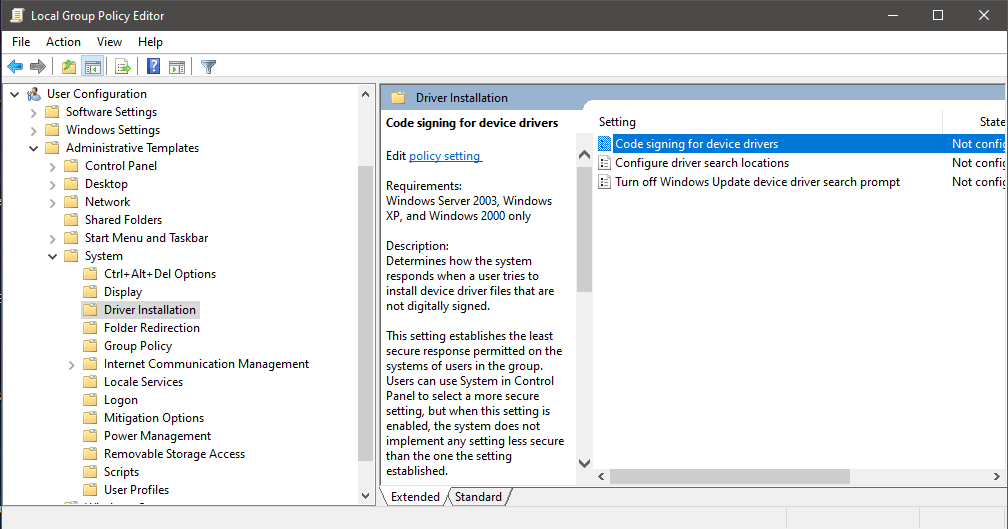 xp driver signing disable