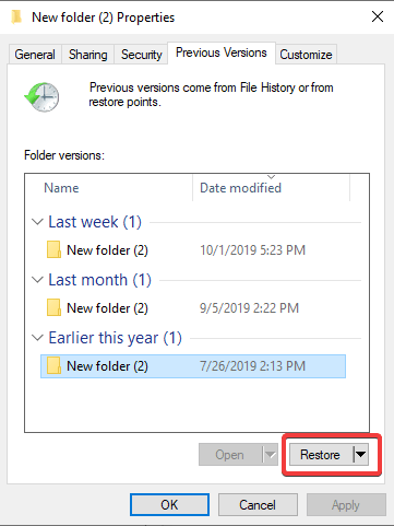 Restore Previous version folder 1