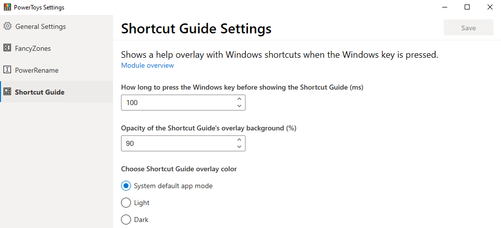 Shortcut Guide setting